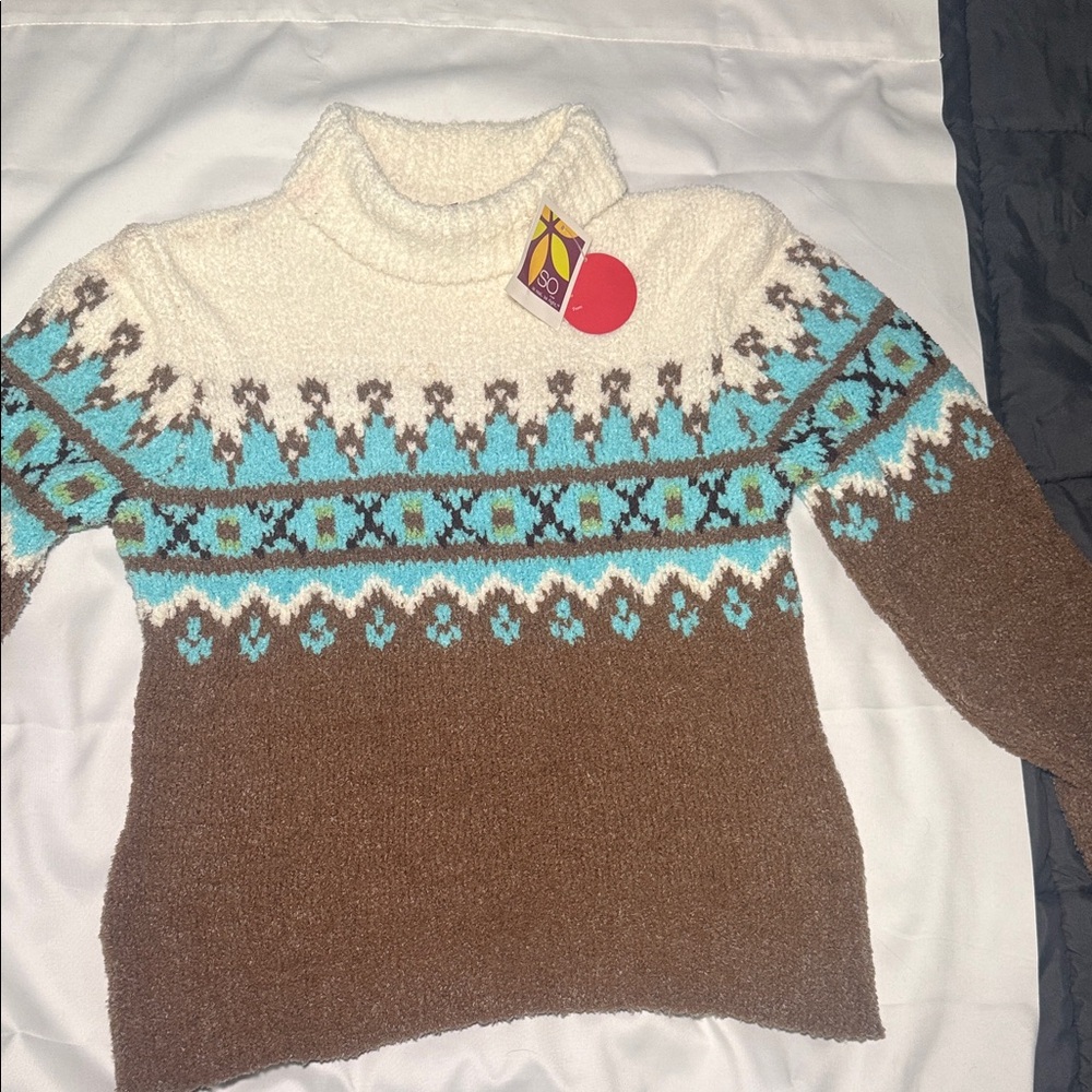 SO Cream and Brown Turtleneck Sweater with Blue Pattern